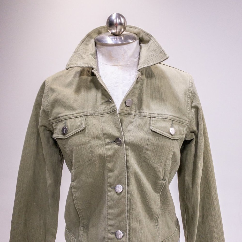 Vintage 90s Y2K Anthropologie S Cotton Jean Jacket Light Green Tan Grey - Picture 3 of 14